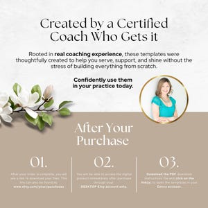 Puede incluir: Un gr&aacute;fico informativo de plantilla digital con texto que dice Created by a Certified Coach Who Gets it, Rooted in real coaching experience, Confidently use them in your practice today y After Your Purchase con los pasos 01, 02 y 03.
