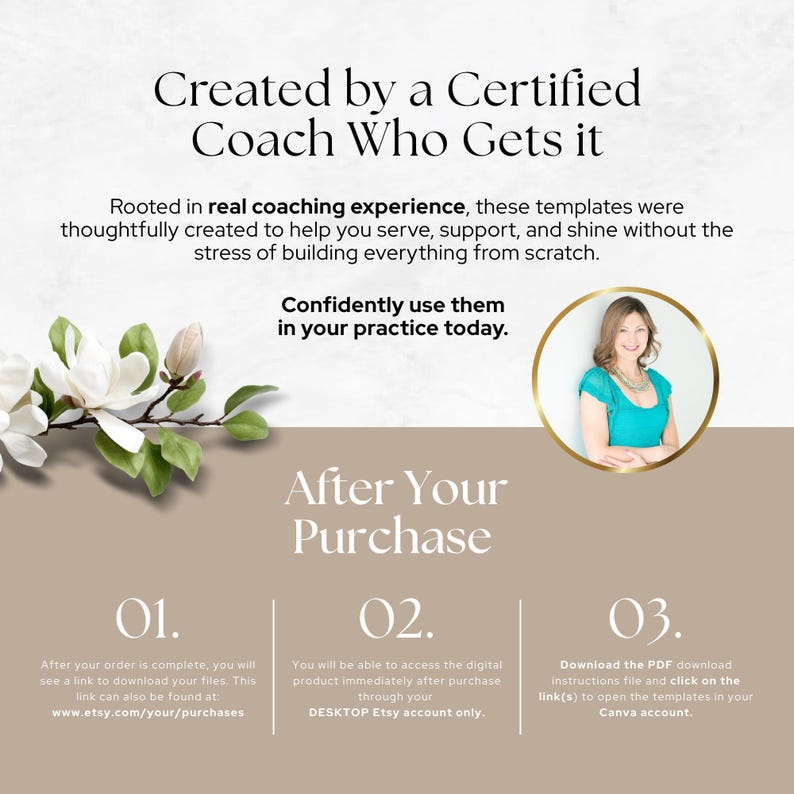 Puede incluir: Un gr&aacute;fico informativo de plantilla digital con texto que dice Created by a Certified Coach Who Gets it, Rooted in real coaching experience, Confidently use them in your practice today y After Your Purchase con los pasos 01, 02 y 03.