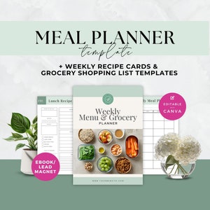 Planificateur de repas hebdomadaire et liste de courses, modèle plr canva, fiches de recettes modifiables, livre électronique de coaching nutritionnel, aimant pour chef de coach santé, numérique