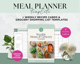 Weekly Meal Planner and Grocery List, Plr Canva Template, Editable Recipe Cards, Nutrition Coaching Ebook, Health Coach Lead Magnet, Digital