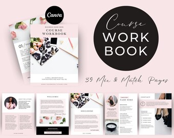 May include: A digital course workbook template featuring 39 mix and match pages with a soft pink and white color scheme. The layout includes sections for about the author, welcome, disclosure, case study, and contact information with placeholder text.