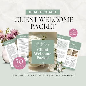 Puede incluir: Un conjunto de plantillas para un paquete de bienvenida de coach de salud con páginas en verde salvia y blanco, texto que incluye Health Coach Client Welcome Packet, Program Overview, About Me, Next Steps y una insignia rosa.