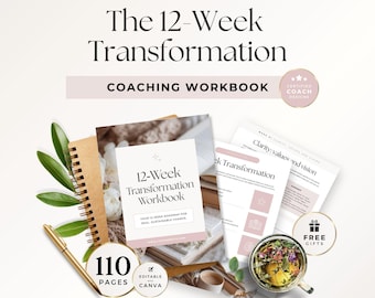 Manual de coaching de vida, plantilla de transformación de 12 semanas para programas de coaching, establecimiento de metas, seguimiento de hábitos y hojas de trabajo de crecimiento personal.