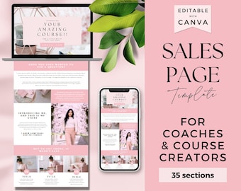 Hochkonvertierende Verkaufsseite Canva Template, Verkaufsseite Template, Online-Course-Verkaufsseite, Services Based Business Sales Page Pink, PINK