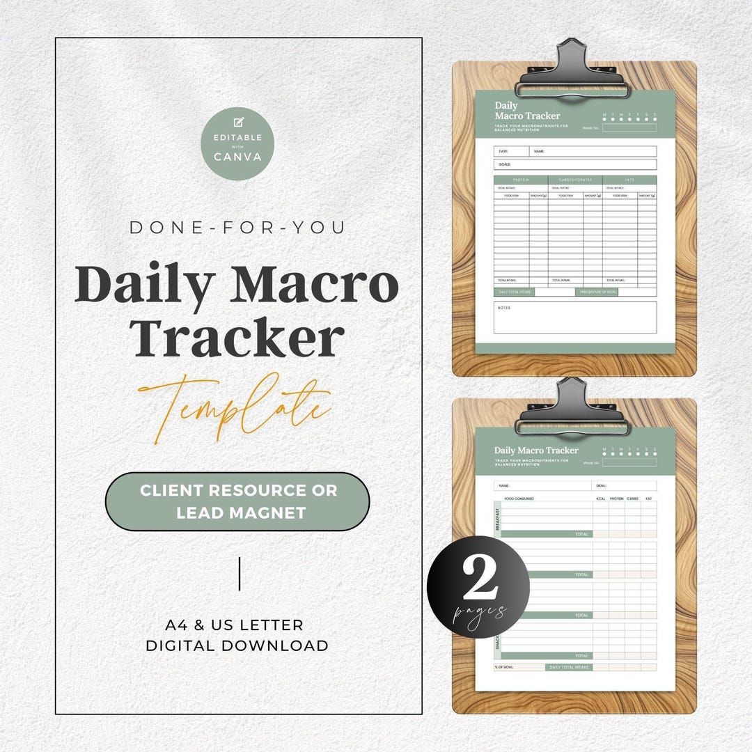 Macro Meal Tracker Template, 2 Editable Calorie Tracking Food Log ...