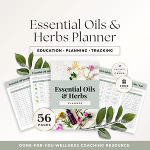 Plantilla de planificador de aceites esenciales y hierbas, organizador de aromaterapia y herbolario, diario de bienestar editable en Canva, imán de clientes potenciales de salud holística