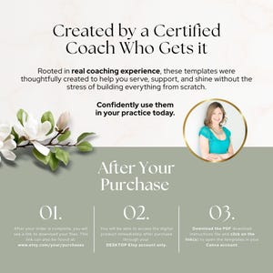 May include: An advertisement for a digital product, featuring the text "Created by a Certified Coach Who Gets it." The image includes a woman in a gold frame, white flowers, and instructions for accessing the product after purchase.