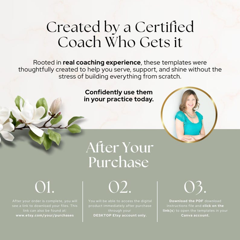 May include: An advertisement for a digital product, featuring the text "Created by a Certified Coach Who Gets it." The image includes a woman in a gold frame, white flowers, and instructions for accessing the product after purchase.
