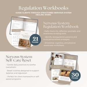 Op de afbeelding: Twee sets regulatiewerkboeken met een 21-pagina tellende gids voor zenuwstelselregulatie en een 30-pagina tellende zelfzorg-reset. De materialen bevatten dagelijkse check-ins, reflectievragen, bewustwordingstools en diverse werkbladen.