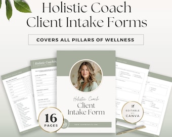 Op de afbeelding: Een set van 16 pagina's aan intakeformulieren voor holistische coaches in saliegroen en wit. De documenten bevatten secties voor klantinformatie, noodcontacten en welzijnsoverzichten. Tekst inbegrepen: Holistic Coach Client Intake Forms, Covers All Pillars of Wellness, 16 Pages, Editable with Canva, A4 & US Letter, Instant Download.