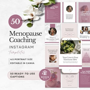 Könnte beinhalten: Eine Sammlung von 50 Instagram-Vorlagen für Menopausen-Coaching im 4:5-Hochformat, mit malvenfarbenen und weißen Farbschemata, Texteinblendungen und einer weißen Magnolienblüte. Die Vorlagen enthalten Titel wie Managing Night Sweats und Your Liver is Your Hormone Hero.