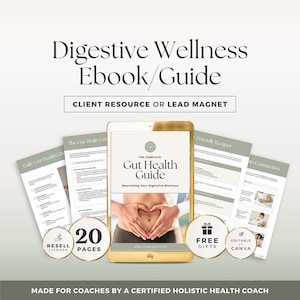 Könnte beinhalten: Ein digitales E-Book über Verdauungsgesundheit mit einem Tablet, das ein Cover mit Händen in Herzform über einem Bauch zeigt. Das Layout enthält Seitenansichten, Angaben zu 20 Seiten, eine Wiederverkaufs-Lizenz und bearbeitbare Canva-Dateien.