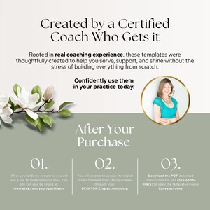 Op de afbeelding: Advertentie voor een digitaal product met de tekst "Gemaakt door een gecertificeerde coach die het snapt". De afbeelding bevat een vrouw in een gouden lijst, een bloemstuk en instructies voor toegang tot het product na aankoop.