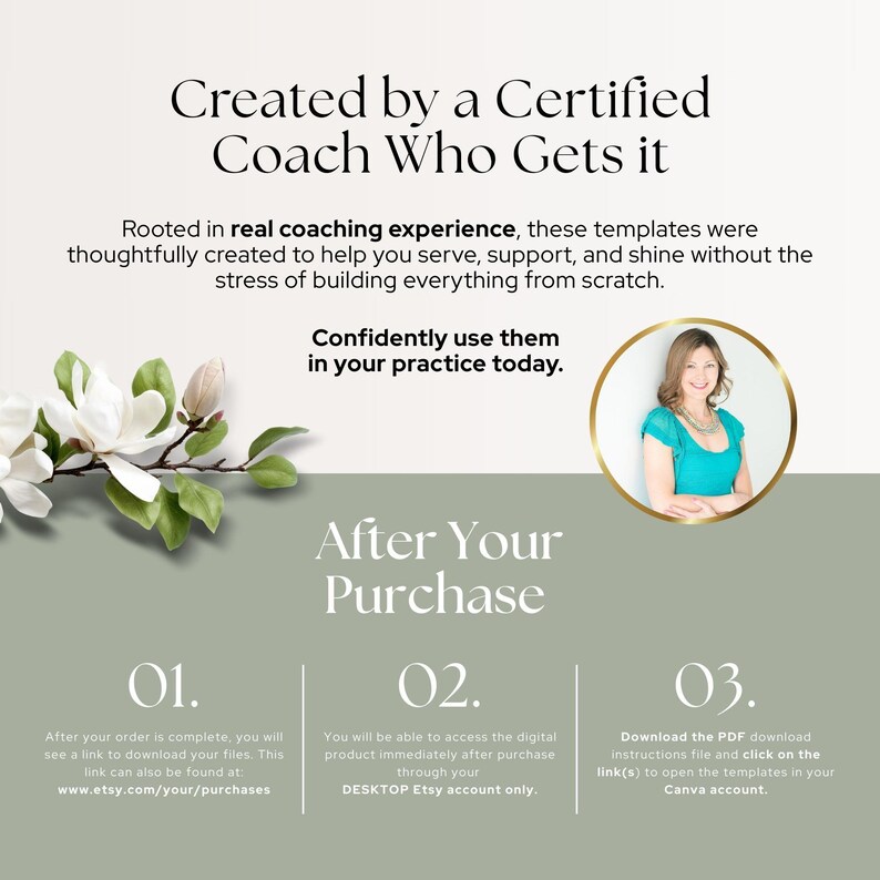 Op de afbeelding: Advertentie voor een digitaal product met de tekst "Gemaakt door een gecertificeerde coach die het snapt". De afbeelding bevat een vrouw in een gouden lijst, een bloemstuk en instructies voor toegang tot het product na aankoop.