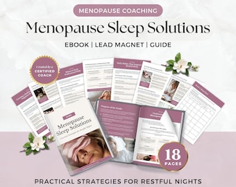 Puede incluir: Una guía digital titulada Menopause Sleep Solutions que contiene 18 páginas de contenido. El diseño incluye varias páginas de documentos con acentos en color malva, texto e imágenes de una persona con un antifaz de seda. Incluye un sello dorado.