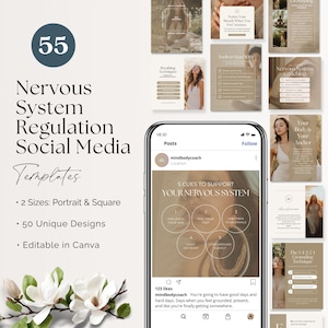 Op de afbeelding: Een collectie van 55 social media sjablonen voor zenuwstelselregulatie, met beige en witte kleurenschema's, tekstoverlays en fotografische elementen. Een smartphone toont een bericht met de titel 5 Cues to Support Your Nervous System.