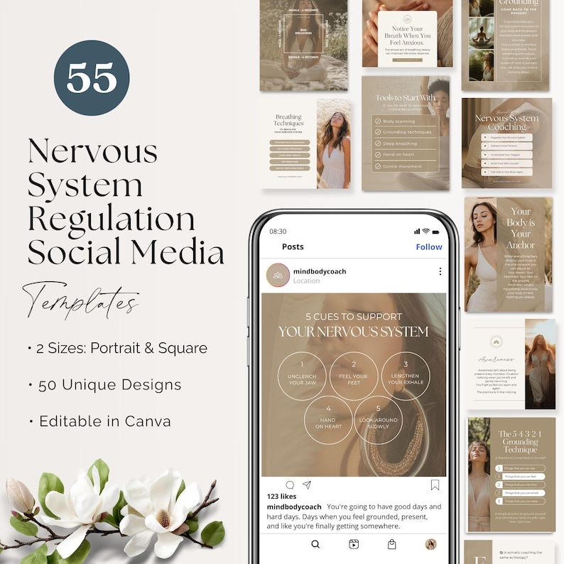 Op de afbeelding: Een collectie van 55 social media sjablonen voor zenuwstelselregulatie, met beige en witte kleurenschema's, tekstoverlays en fotografische elementen. Een smartphone toont een bericht met de titel 5 Cues to Support Your Nervous System.