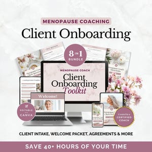 Menopause Coach Bundle, New Client Onboarding Toolkit, Hormone Health Coaching Intake Forms, Perimenopause Resources, Canva Templates