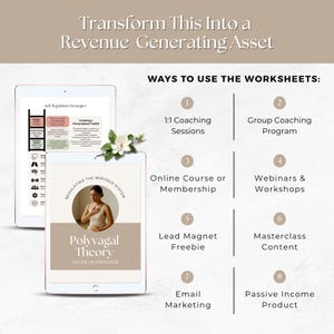 Peut inclure: Image avec le texte "Transform This Into a Revenue-Generating Asset." Deux tablettes affichent un guide/cahier d'exercices sur la th&eacute;orie polyvagale. L'image r&eacute;pertorie &eacute;galement les fa&ccedil;ons d'utiliser les feuilles de travail, y compris les s&eacute;ances de coaching.