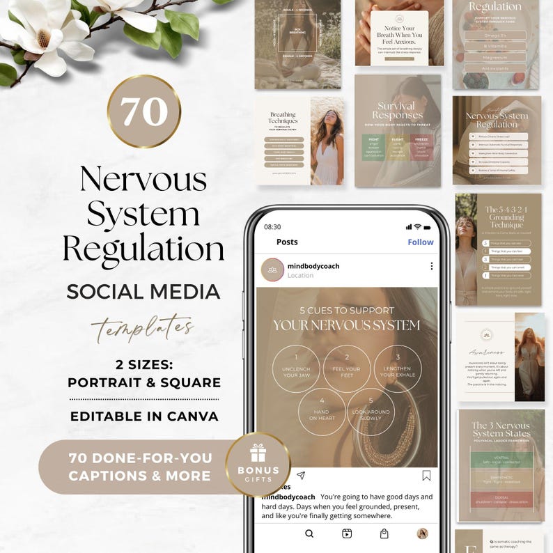 Puede incluir: Una colecci&oacute;n digital de 70 plantillas para redes sociales sobre regulaci&oacute;n del sistema nervioso en formatos vertical y cuadrado, con dise&ntilde;os editables en Canva, tonos beige neutros y textos sobre t&eacute;cnicas de conexi&oacute;n a tierra.