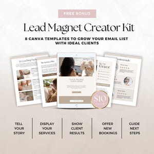 May include: A digital marketing Lead Magnet Creator Kit with eight Canva templates. The image shows a tablet and several printed pages with text and images. The kit is designed to help grow an email list.