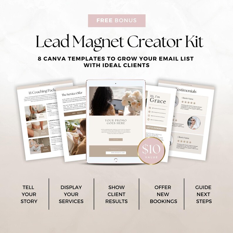 May include: A digital marketing Lead Magnet Creator Kit with eight Canva templates. The image shows a tablet and several printed pages with text and images. The kit is designed to help grow an email list.