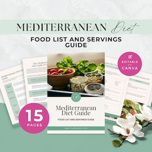 Mediterrane Diät Lebensmittel Liste und Servierführer für Kunden, E-Book für Ernährungscoach, Gesundheitscoaching, Wellness, Canva Template