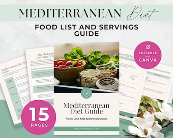 Mediterrane Diät Lebensmittel Liste und Servierführer für Kunden, E-Book für Ernährungscoach, Gesundheitscoaching, Wellness, Canva Template