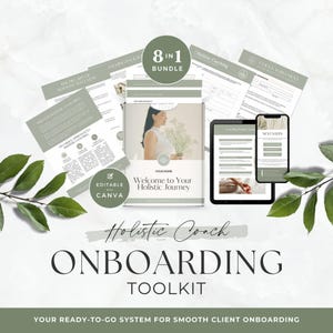Puede incluir: Un paquete de kit de incorporación para coach holístico 8 en 1 con plantillas editables de Canva. El conjunto incluye varias páginas de documentos con detalles en verde salvia, una tableta y un teléfono inteligente con contenido.