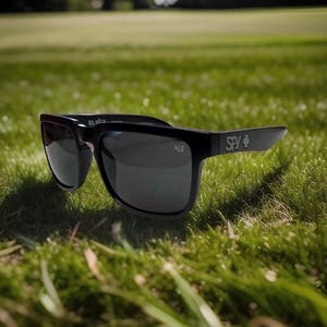 May include: Black sunglasses with dark lenses featuring the text 43 on the right lens and the SPY logo on the temple. The frame has a glossy finish and a rectangular shape, with the word BLK/CK printed on the inner top frame edge.