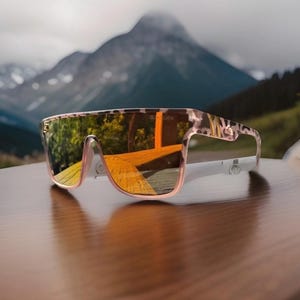 K&ouml;nnte beinhalten: Sonnenbrille im Shield-Stil mit einem hellrosa und braun gemusterten Leoparden-Rahmen. Das gro&szlig;e Ein-Scheiben-Design verf&uuml;gt &uuml;ber eine reflektierende, goldfarbene Verspiegelung, die die Umgebung klar widerspiegelt. Das Quiksilver-Logo ist sichtbar.