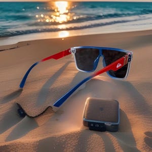 May include: Sunglasses with a red, white, and blue color scheme, resting on a sandy beach. The sunglasses have a rectangular frame and dark lenses. A small, rectangular, silver-colored device is also on the sand.