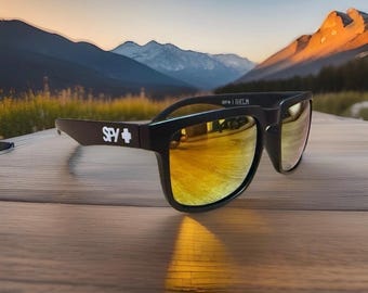Gafas de sol Spy+ Helm: Montura negra, lentes de espejo naranja, protección UV400.