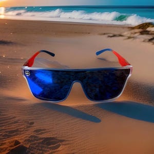 May include: Sunglasses with a wide, rectangular frame and mirrored blue lenses. The temples are red and blue, resting on a sandy beach with the ocean in the background. The sunglasses are designed for outdoor use.