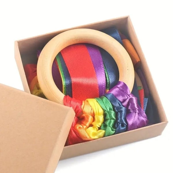 2 pieces waldorf hand kite, set rainbow ribbon, baby sensory toys, montessori waldorf toys for toddlers , ribbon games