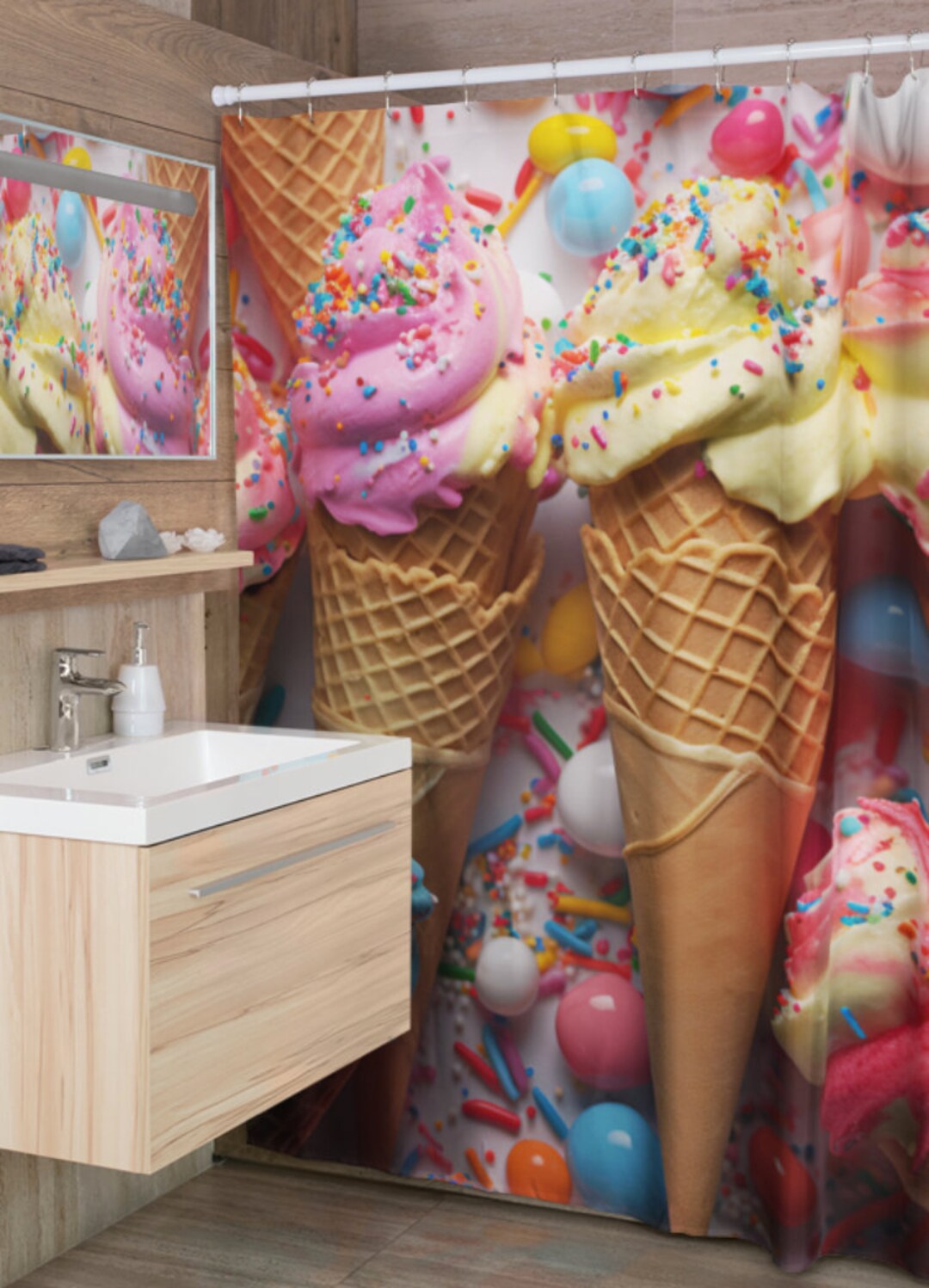 Colorful Ice Cream Cone Shower Curtain Fun Bright Funky Bathroom Decor