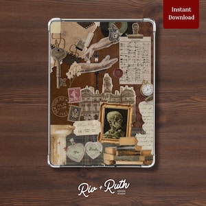 May include: A digital download featuring a collage of vintage ephemera, including a key, stamps, a framed skull, and handwritten notes. The design incorporates a brown and tan color scheme with the text "Instant Download".