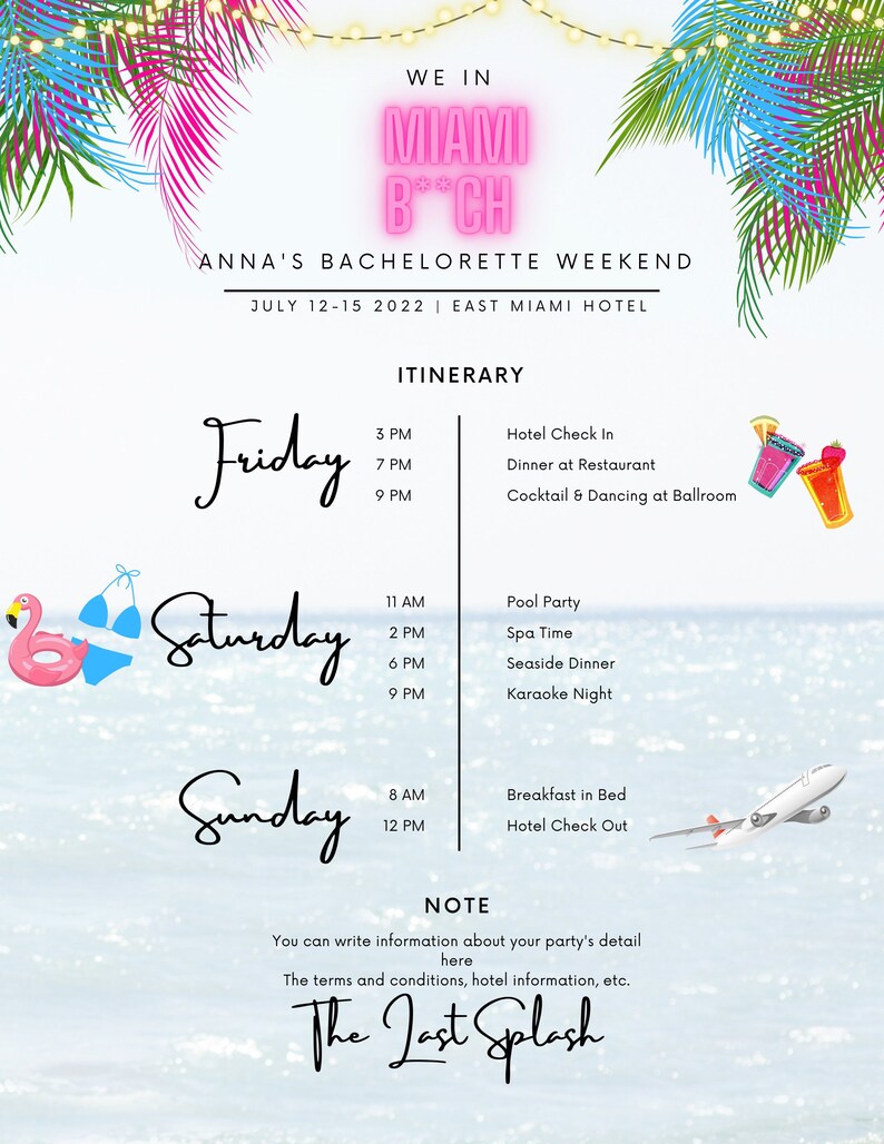 Miami Bachelorette Itinerary Printable Editable Etsy