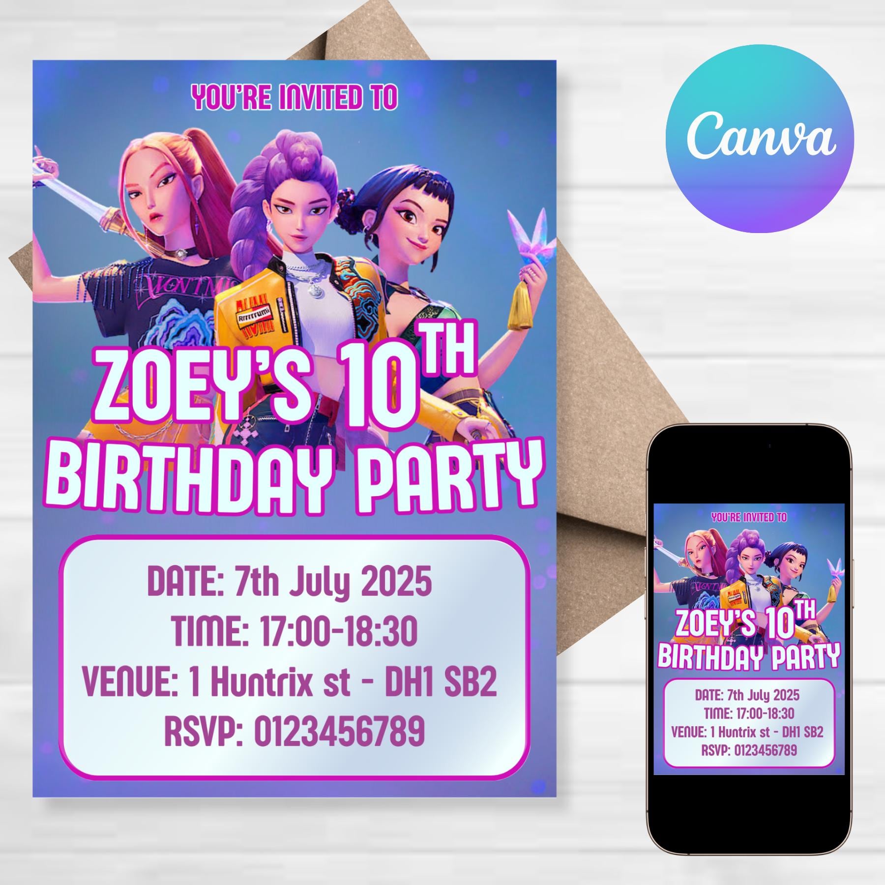 K-pop demon hunters Birthday Invitation, Editable Digital Party Invite, Netflix Anime Style,  Canva Template, Instant Download