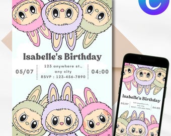 Labubu Birthday Invitation | Cute Pastel Editable Party Invite | Digital Download Canva Template | Kids Birthday Invitation Girl/Boy
