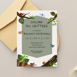 May include: A birthday invitation with a light green background and a central hexagon shape. The invitation features the text "CALLING ALL CRITTERS" and details for Benjamin's 5th birthday, including the date, time, and location.