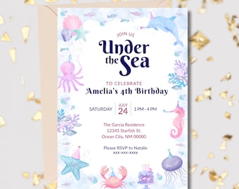 海の中の誕生日招待状テンプレート：編集可能な海の動物たち（デジタルダウンロード）