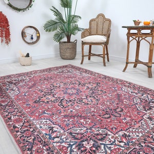 Pink & Blue Washable Turkish Rug: Vintage Oriental Oushak Style