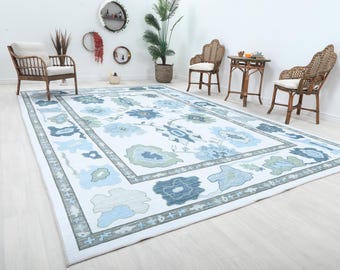 Multisize Rug White Blue Oushak Runner Rug, 3x5 Vintage Turkish Floral Rug Runner Hallway Entryway Bedroom Kitchen Bathroom Non Shedding Rug