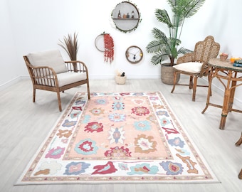 Solmon Blue White Oushak Rug, 5x8, 6x9, 10x14 Turkish Floral Pastel Large Area Rug Pink Living room Dining Bedroom Kitchen Oversized Rug