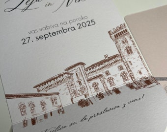 Handmade Custom Wedding Invitation Suite: Venue Illustration & Couple Portrait