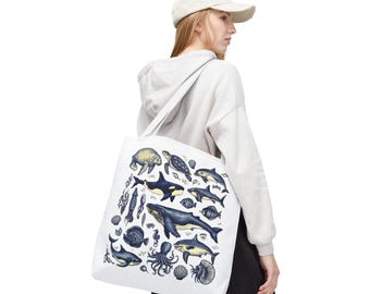 Bolsa con diseño de tiburón ballena, bolsa de mano con motivos oceánicos, bolsa de playa ecológica, regalo para amantes de las ballenas y los delfines, bolsa de compras náutica, bolsa de mano con motivos de vida marina