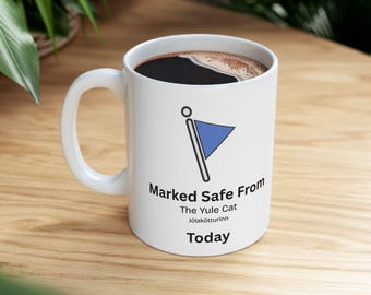 Marked Safe from the Yule Cat Mug, Icelandic Christmas Folklore Jólakötturinn, Yule Holiday Gift, Winter Solstice, Wheel of the Year