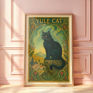 May include: Framed art print featuring a black cat with orange eyes, perched on a rock. The artwork, titled "Yule Cat," has a vintage style with a green and gold border, and a landscape background.
