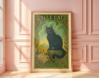 Yule Cat Wall Art Print, Icelandic Christmas Folklore, Scandinavian Folk Art Poster, Dark Nordic Holiday Decor, Aurora Borealis, Cat Gift